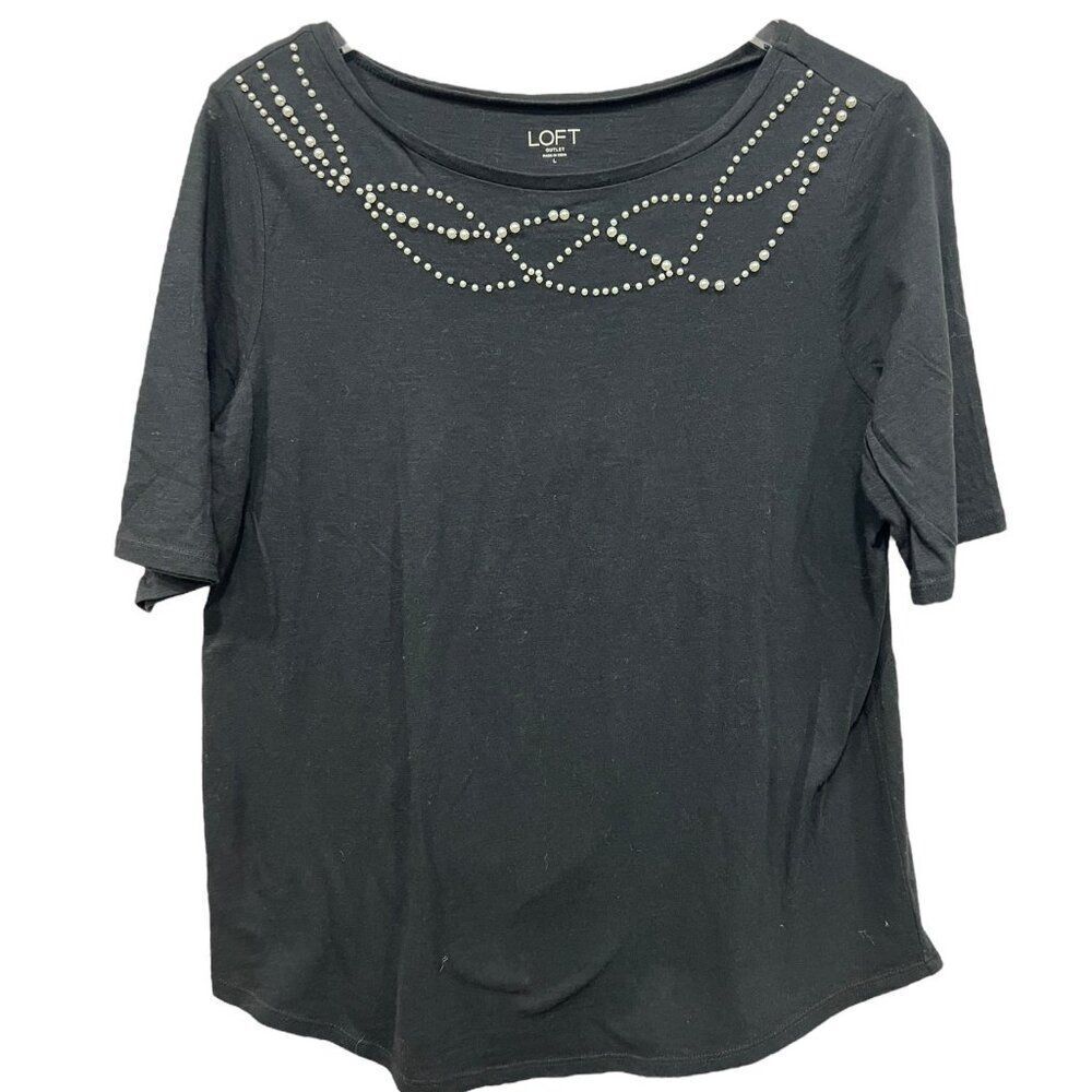 Loft Outlet Size L Black Pearl Embellished Top T-Shirt 3/4 Sleeve